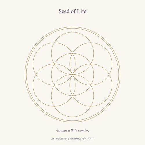 Seed of Life printable crystal grid in gold on a cream background