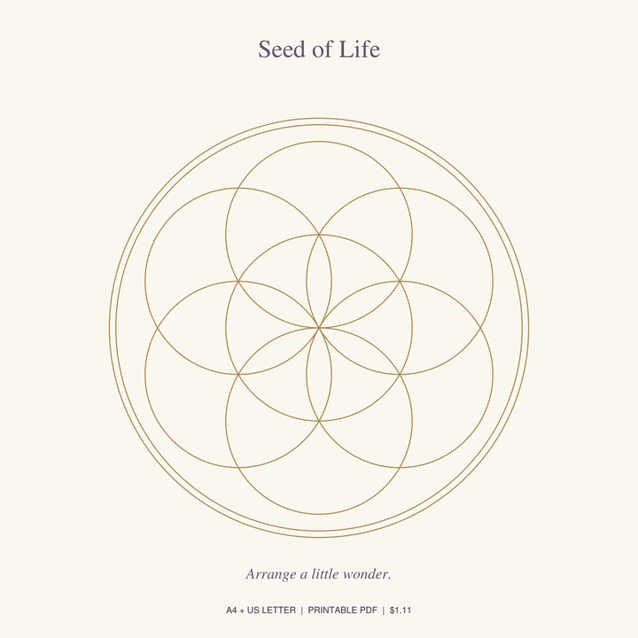 Seed of Life printable crystal grid in gold on a cream background
