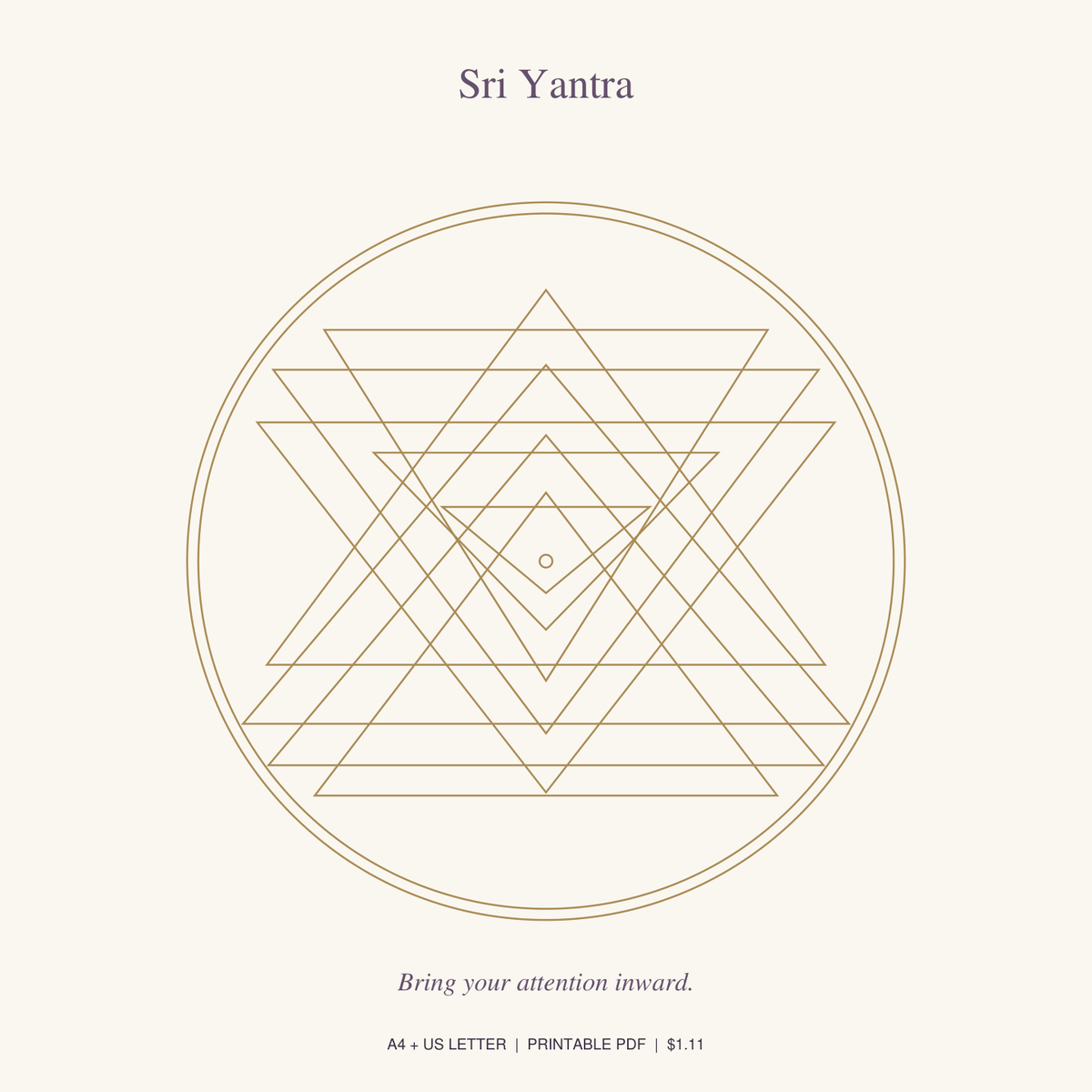 Sri Yantra printable crystal grid in gold on a cream background