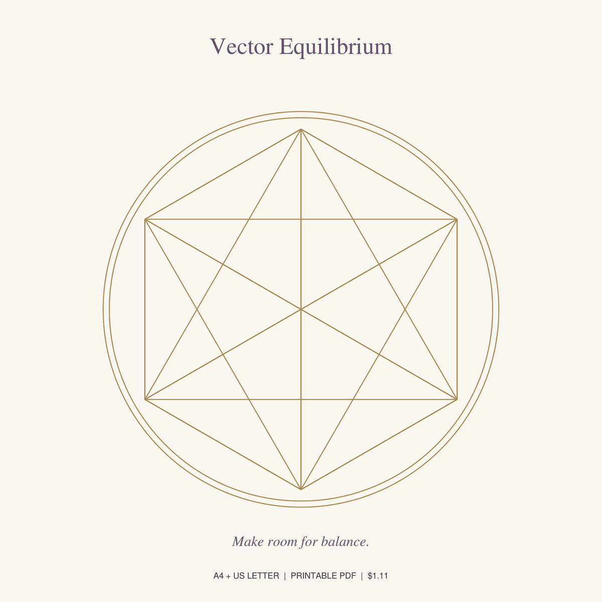 Vector Equilibrium printable crystal grid in gold on a cream background